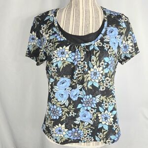 Sag Harbor Petite NWOT Black Blue White Floral Layered Look Top Size PL